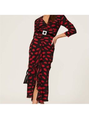 RIXO Black Maxi Dress with Red Lip Print and Ruffle Front